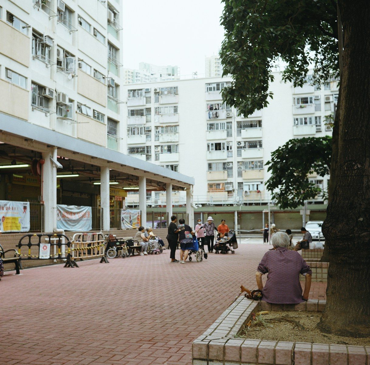 Elderly people gather in an urban square with residential buildings